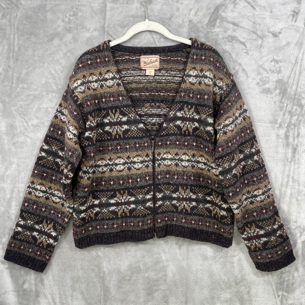 Woolrich Women's Size M Cardigan Zip Sweater  Fair Isle Wool V-Neck  USA Made
